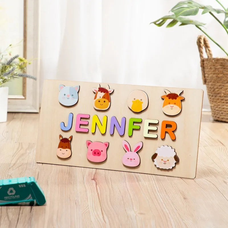 Wooden Personalised Name Puzzle With Animals Toys For Baby Toddler Kids
