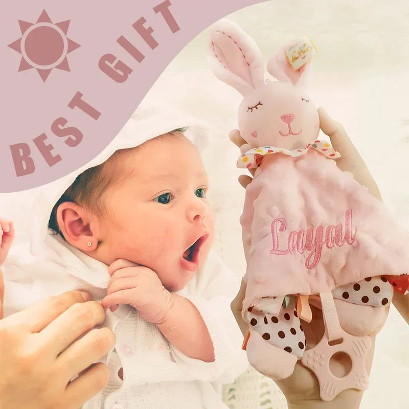 Personalized Baby First Name Comforter Blanket Baby Plush Stuffed Toy Custom Sensory Blanket Bunny Elephant Soothe Appease Towel