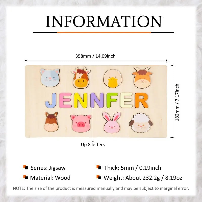 Wooden Personalised Name Puzzle With Animals Toys For Baby Toddler Kids