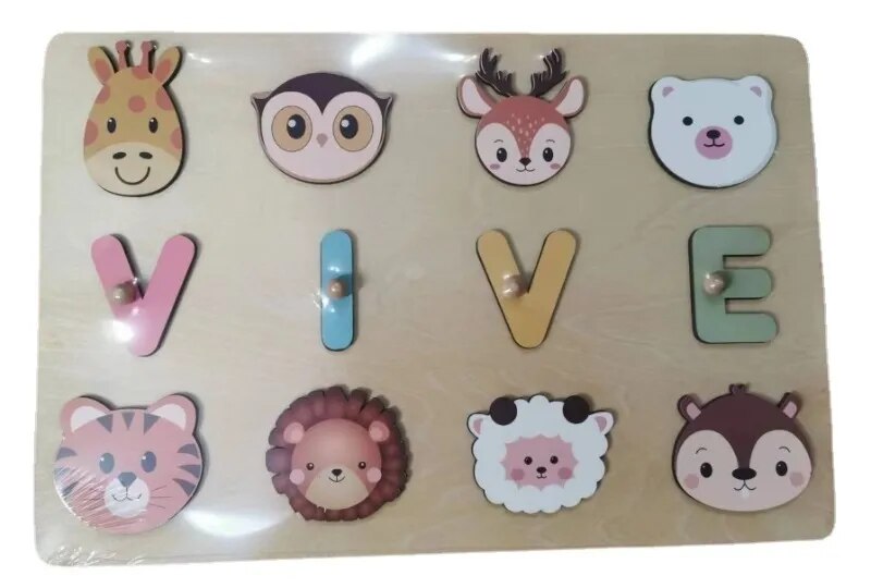 Wooden Personalised Name Puzzle With Animals Toys For Baby Toddler Kids