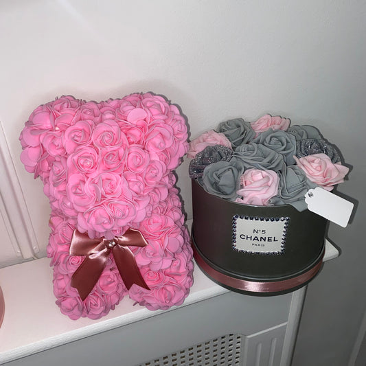 2pc Rose Bear pink & grey rose box