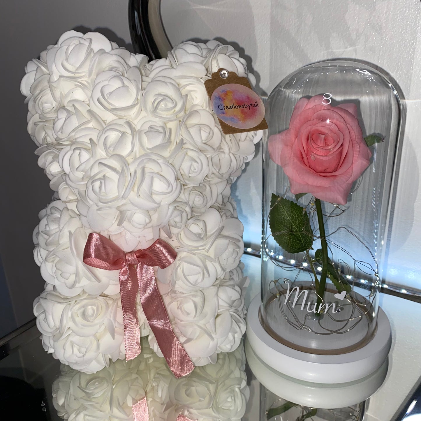 2pc matching rose dome & bear