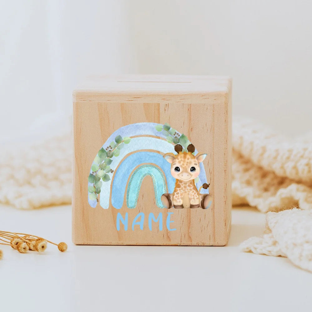 Personalised wooden Money Box Rainbow Safari Animals