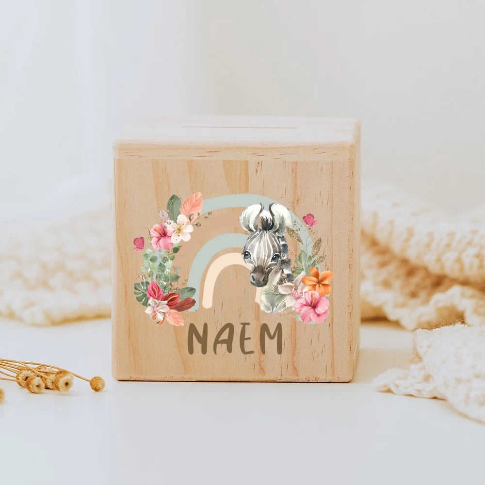 Personalised wooden Money Box Rainbow Safari Animals