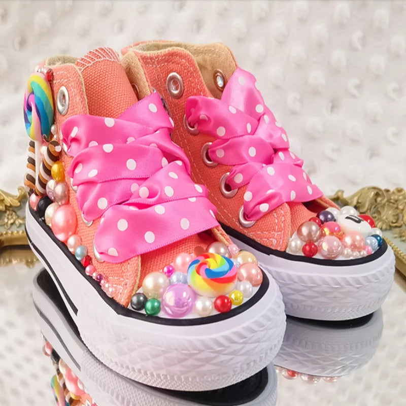 Random Lollipop Rainbow Candy Canvas Simulation DIY Kids Pearls Sneakers For Girl Birthday Party Dollbling Handmade Bling Shoes