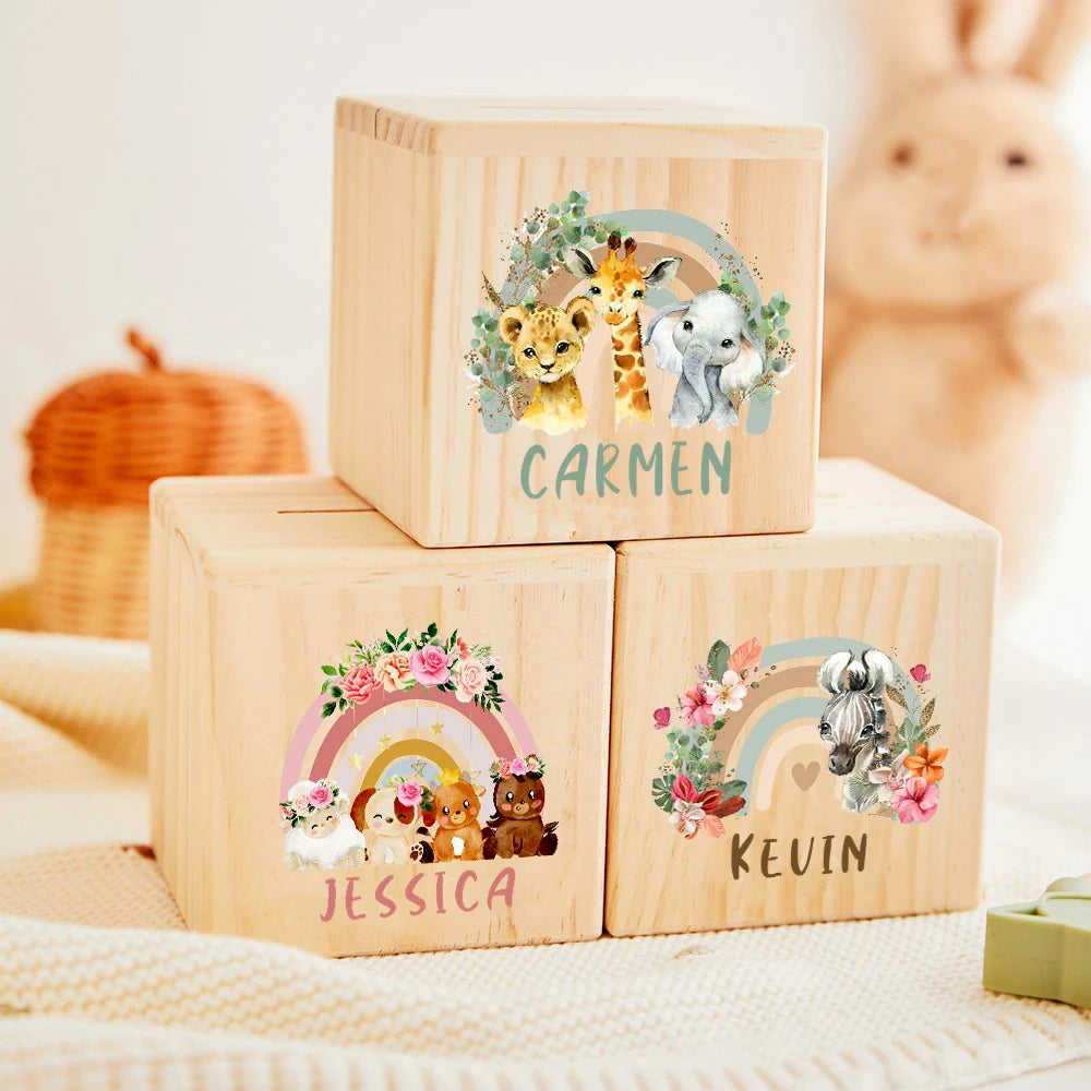 Personalised wooden Money Box Rainbow Safari Animals