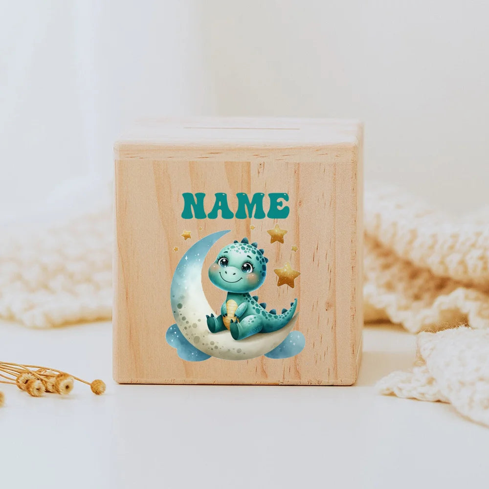 Personalised wooden Money Box Unicorn Dinosaur