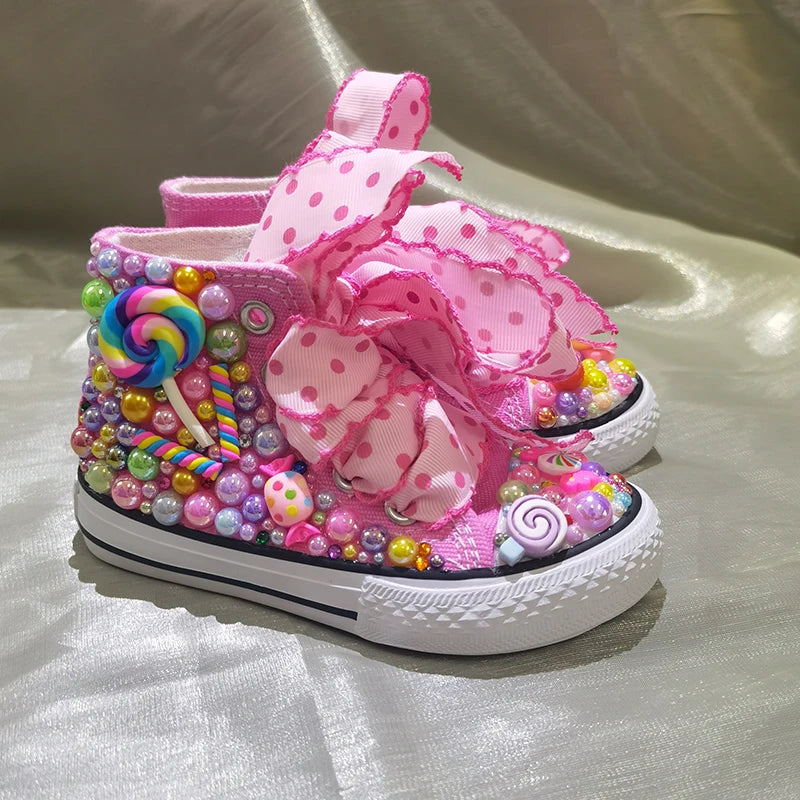 Random Lollipop Rainbow Candy Canvas Simulation DIY Kids Pearls Sneakers For Girl Birthday Party Dollbling Handmade Bling Shoes