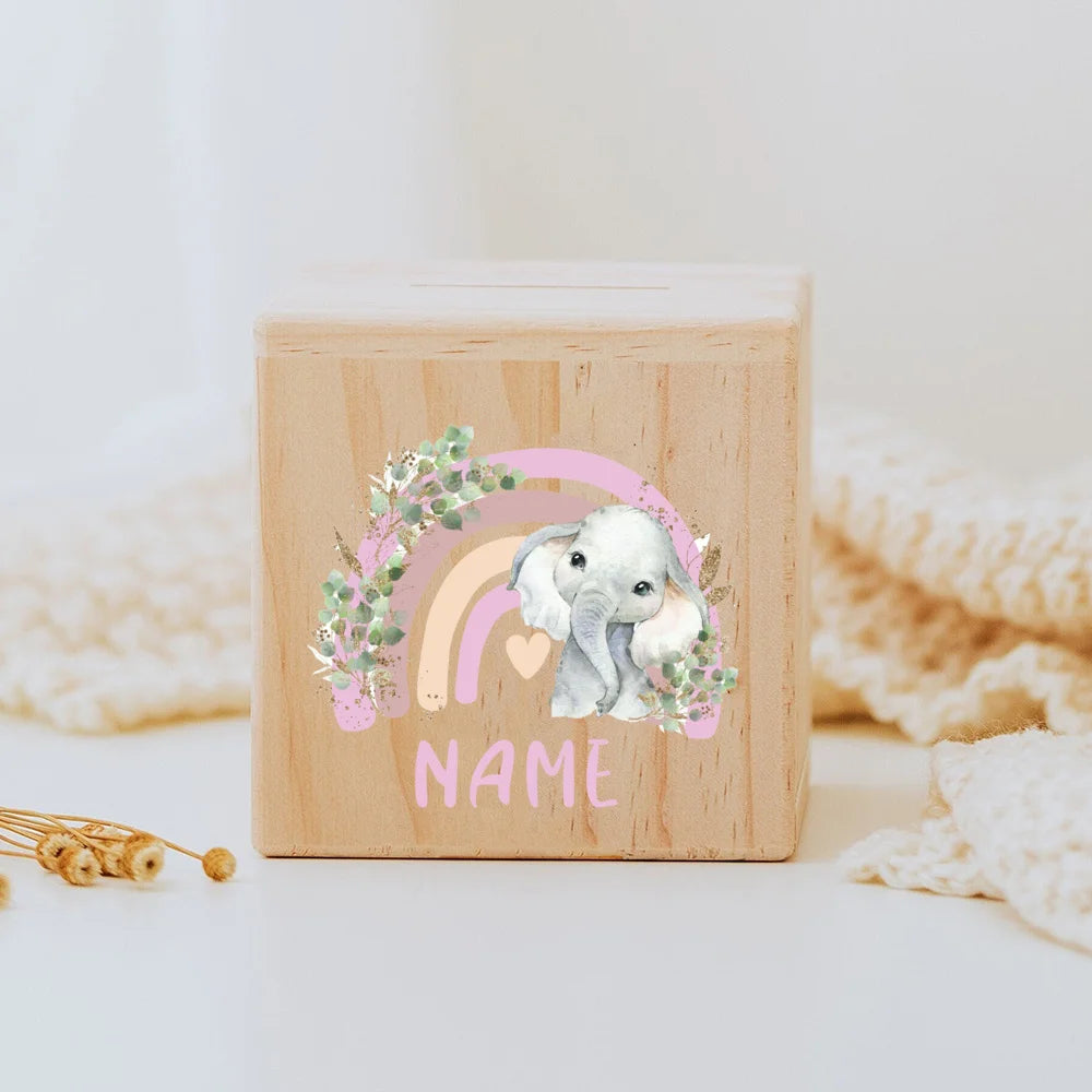 Personalised wooden Money Box Rainbow Safari Animals