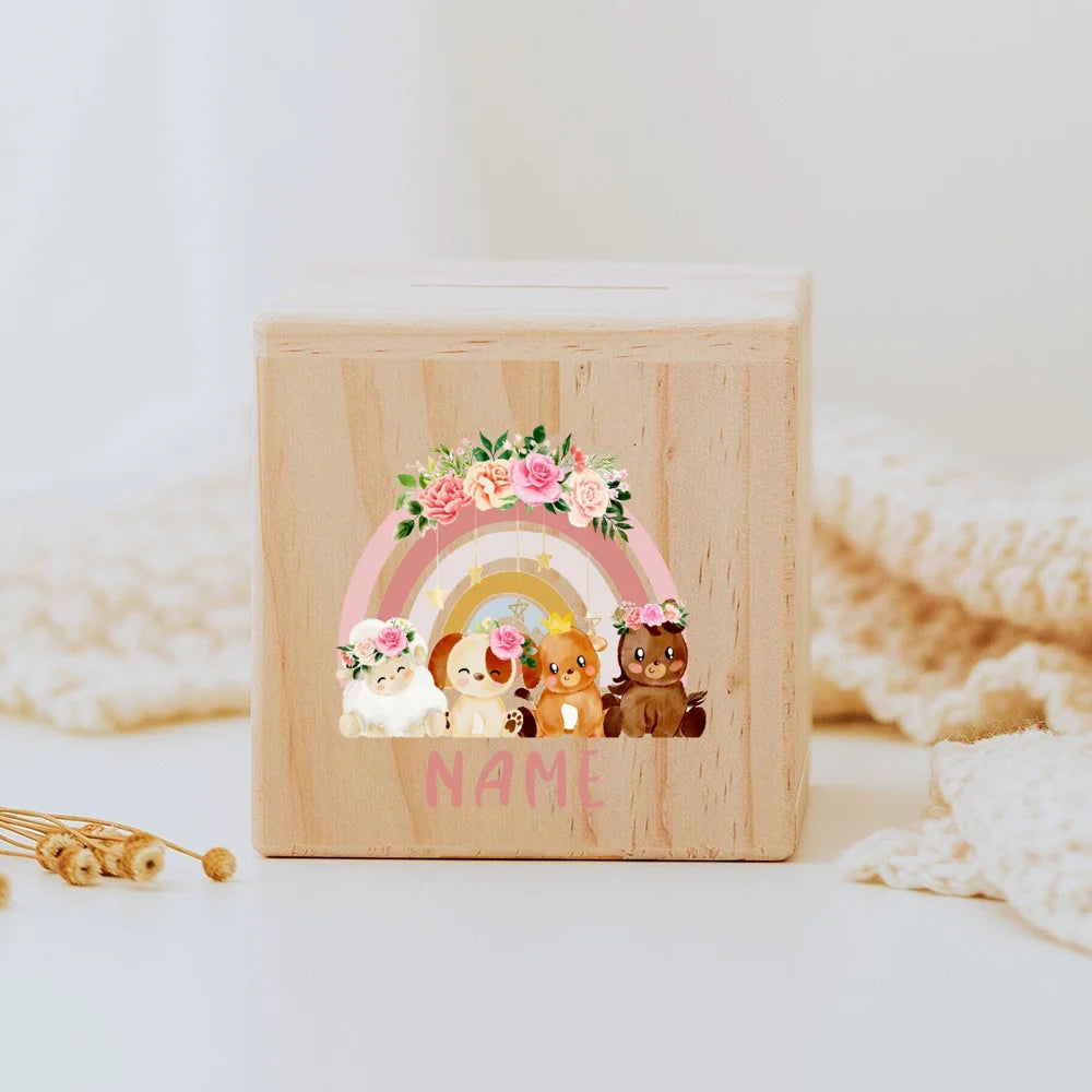 Personalised wooden Money Box Rainbow Safari Animals