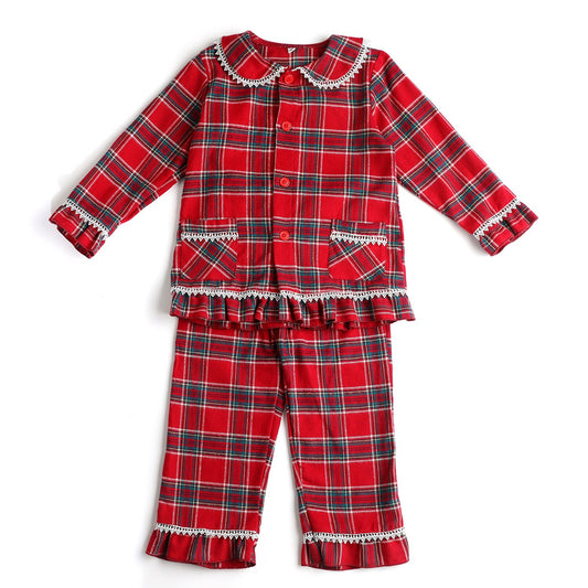 Tlannel Tarten design  Matching Pajamas Children Red Christmas Velvet PJS