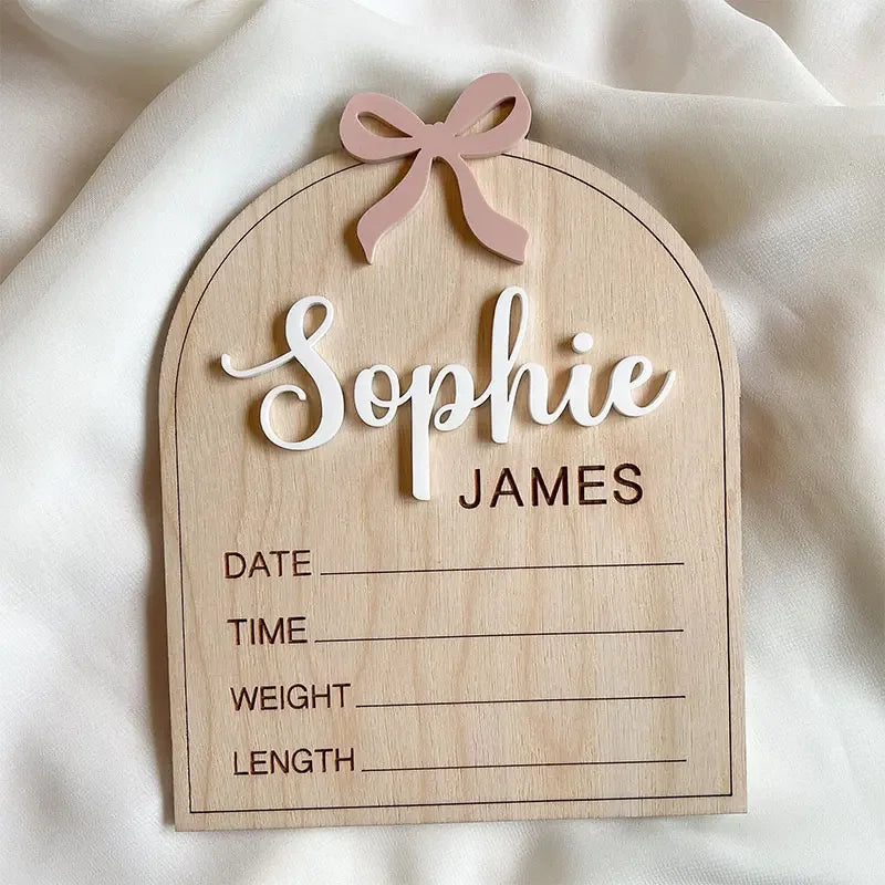 Custom Bow Birth Announcement Sign Pink Bow Girl Birth Newborn Statistics Engraved Baby Name Sign Arched Name Plaque