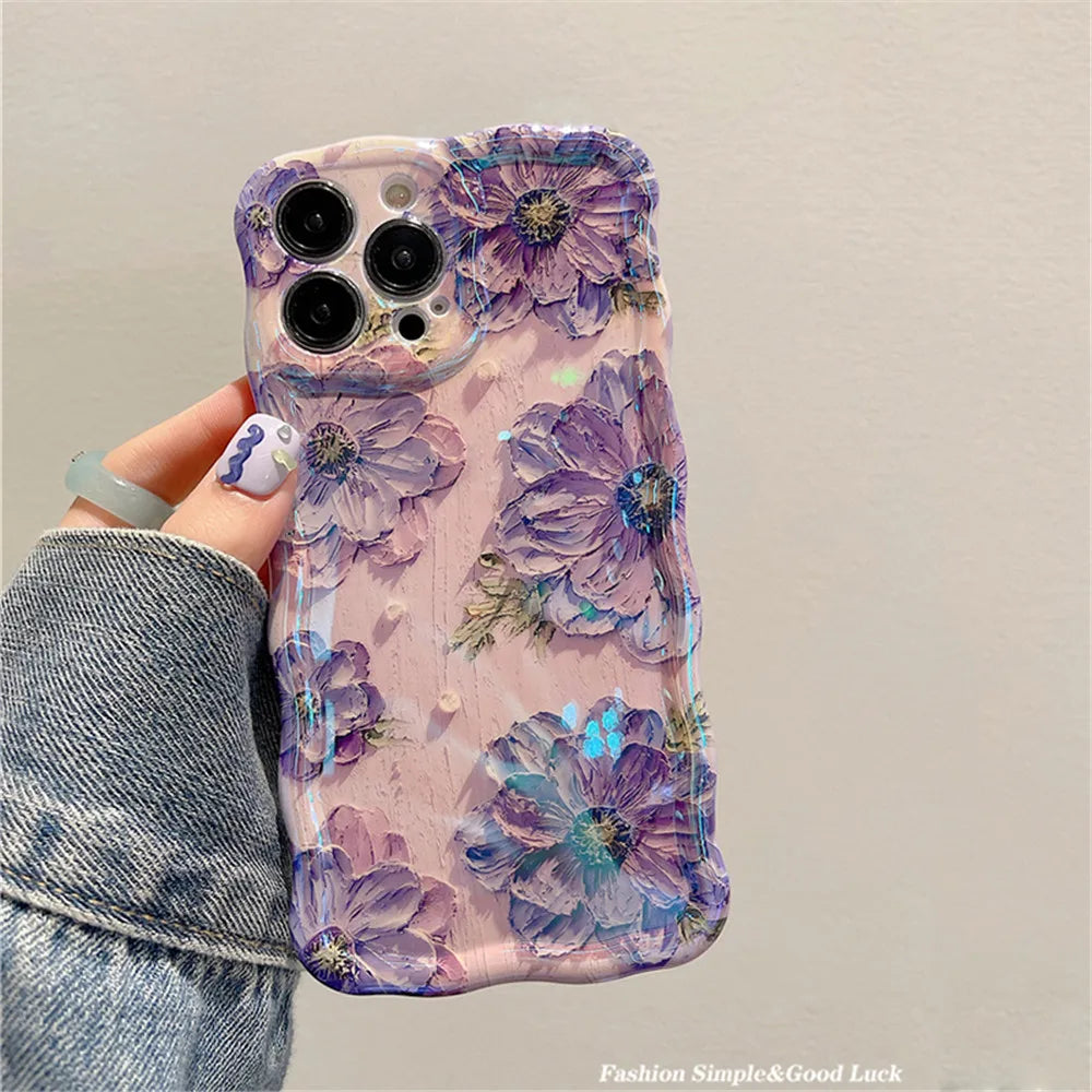 Ottwn Luxury Laser Oil Painting Flowers Phone Cases For iPhone 11 12 13 14 15 Pro Max Fashion Shockproof Soft Bumper Back Covers