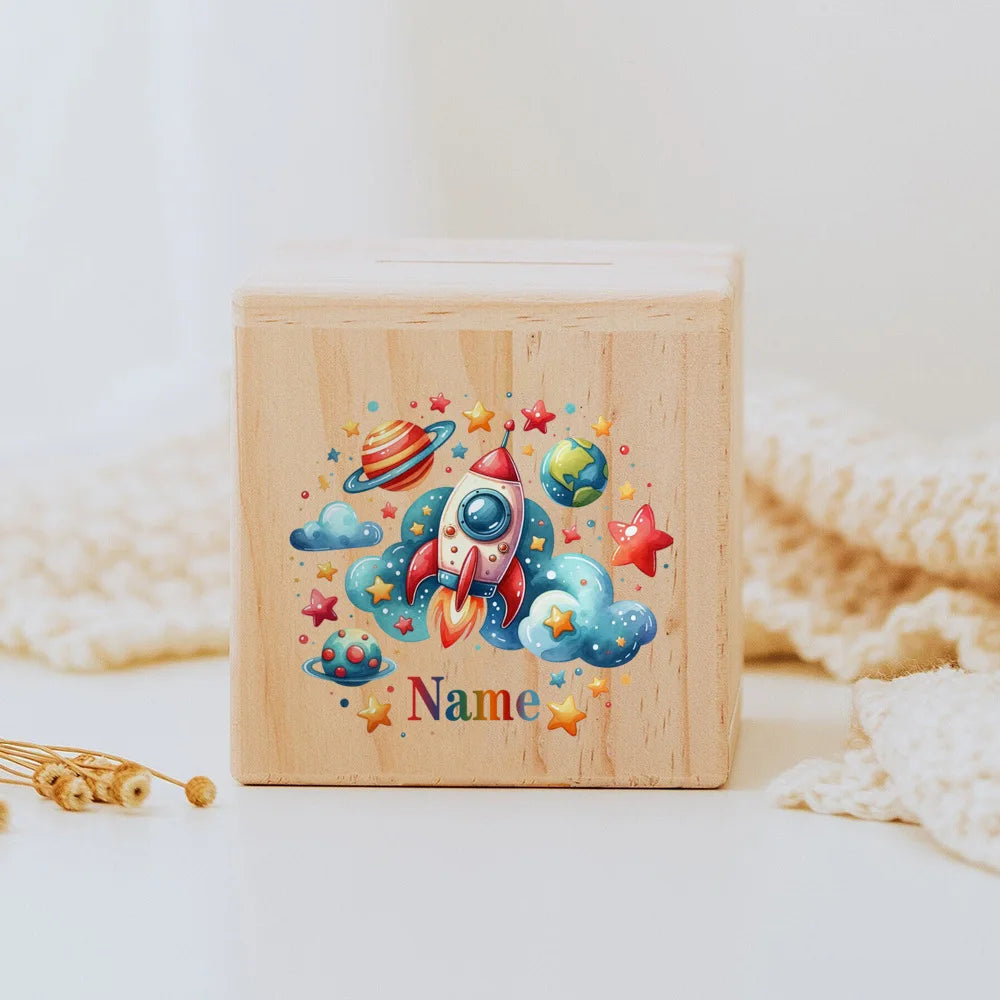 Personalised wooden Money Box Unicorn Dinosaur