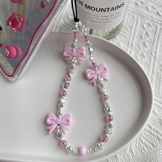 Korean Fashion Pink Bowknot Phone Charm Imitation Pearl Beaded Chain for Phone Case Cute Mobile Straps Y2K Accessories Wholesale