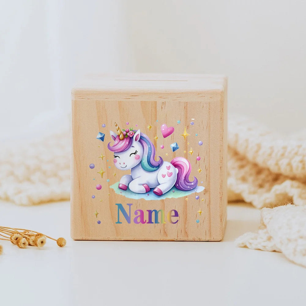 Personalised wooden Money Box Unicorn Dinosaur