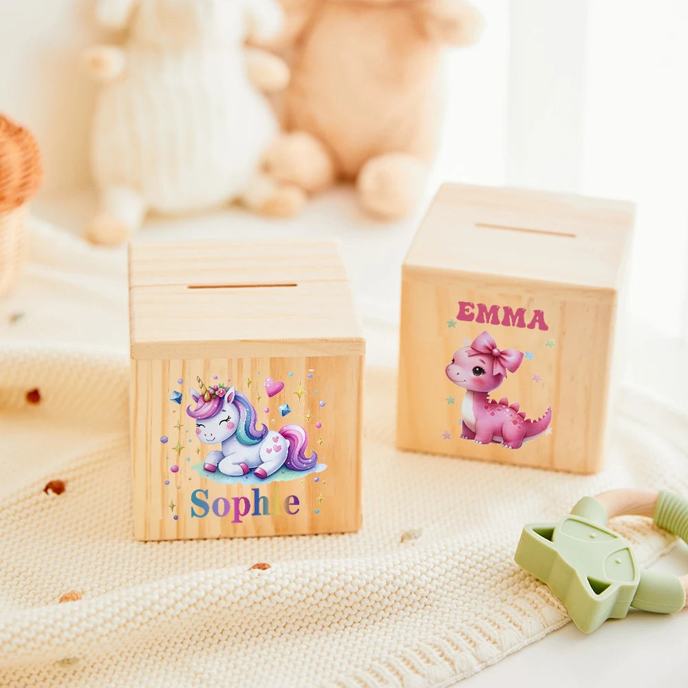 Personalised wooden Money Box Unicorn Dinosaur