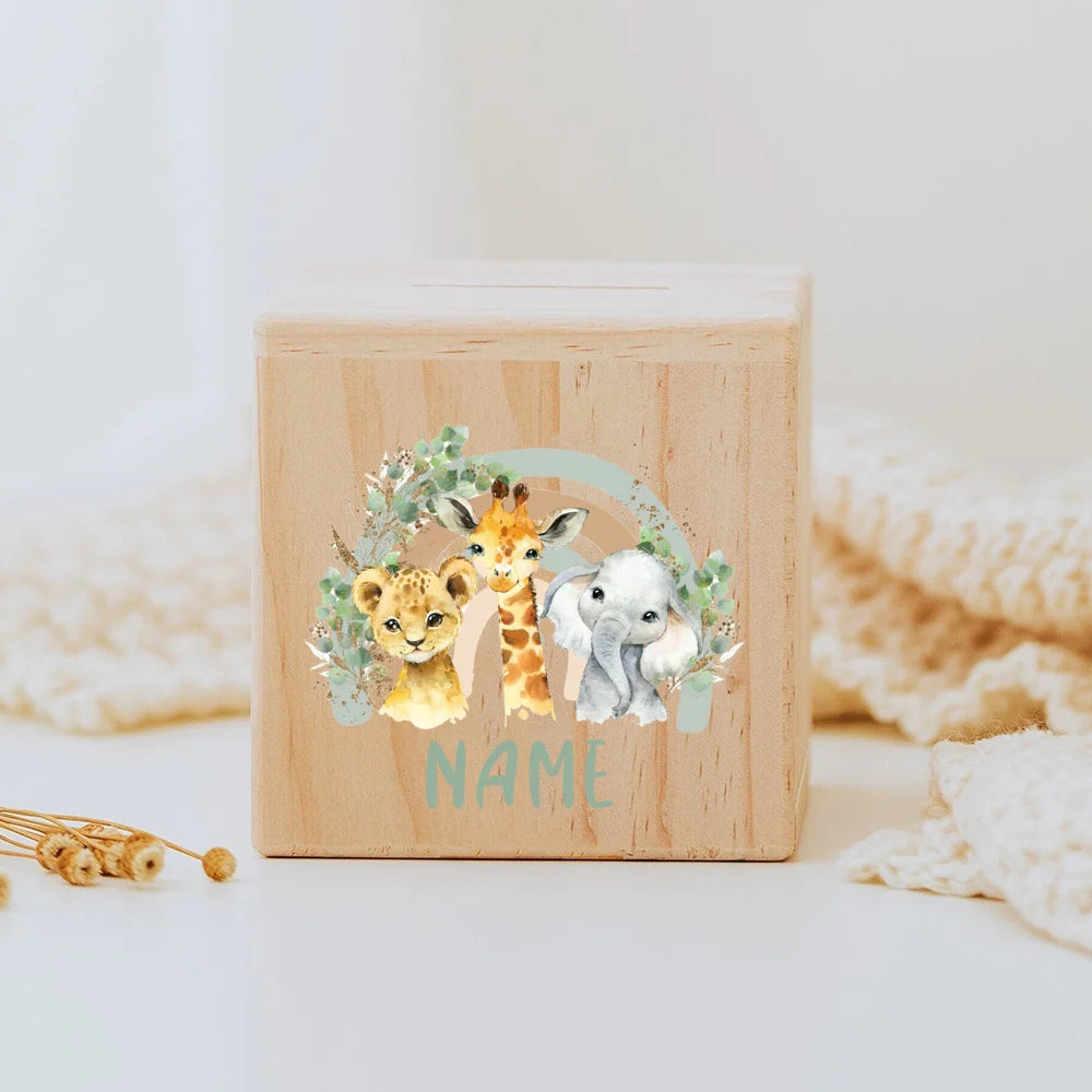 Personalised wooden Money Box Rainbow Safari Animals