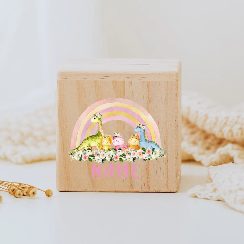 Personalised wooden Money Box Rainbow Safari Animals