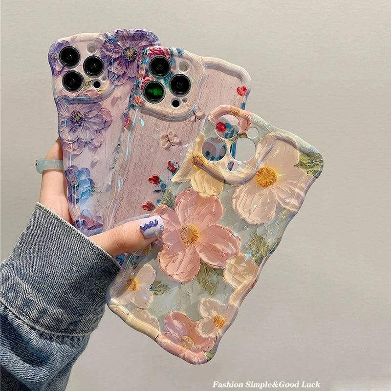 Ottwn Luxury Laser Oil Painting Flowers Phone Cases For iPhone 11 12 13 14 15 Pro Max Fashion Shockproof Soft Bumper Back Covers