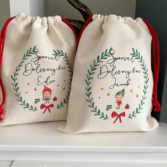 Custom Elf name stocking sack toy/gift bag