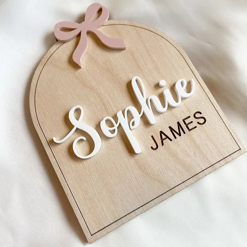 Custom Bow Birth Announcement Sign Pink Bow Girl Birth Newborn Statistics Engraved Baby Name Sign Arched Name Plaque