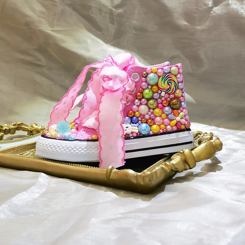 Random Lollipop Rainbow Candy Canvas Simulation DIY Kids Pearls Sneakers For Girl Birthday Party Dollbling Handmade Bling Shoes