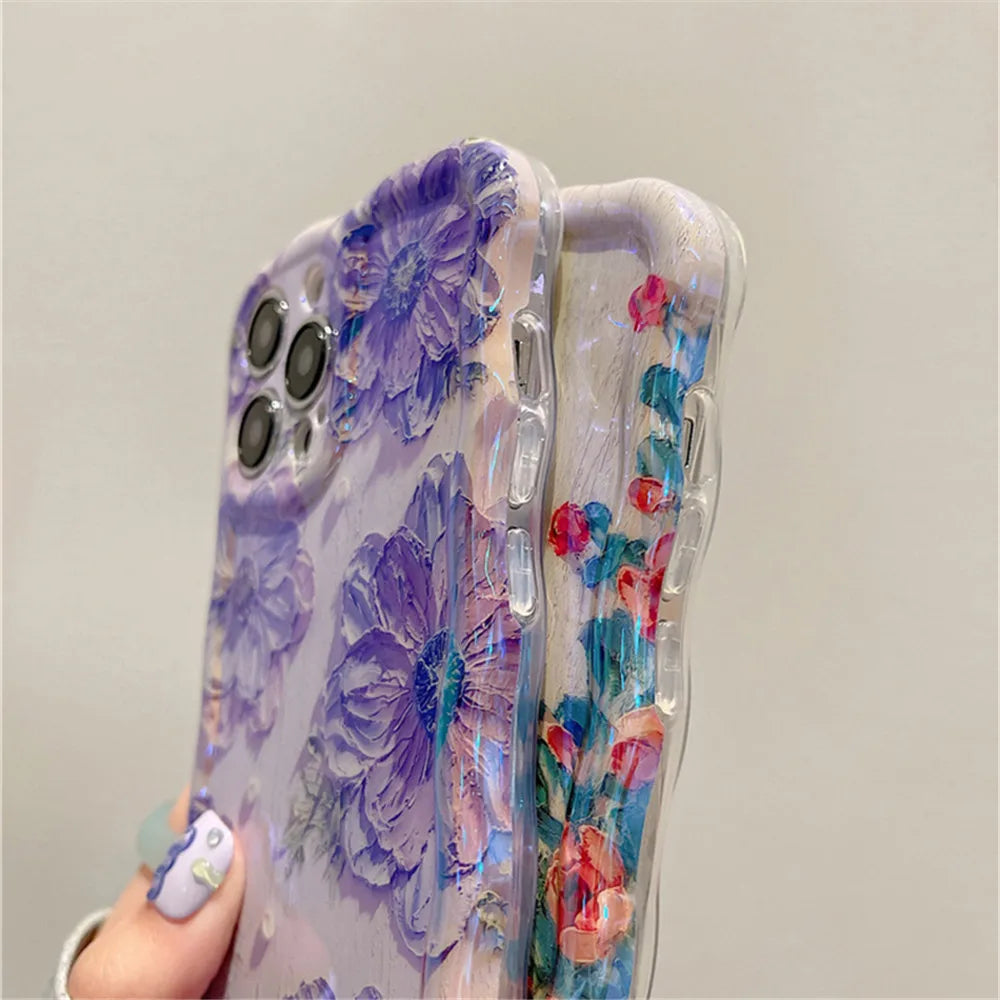 Ottwn Luxury Laser Oil Painting Flowers Phone Cases For iPhone 11 12 13 14 15 Pro Max Fashion Shockproof Soft Bumper Back Covers