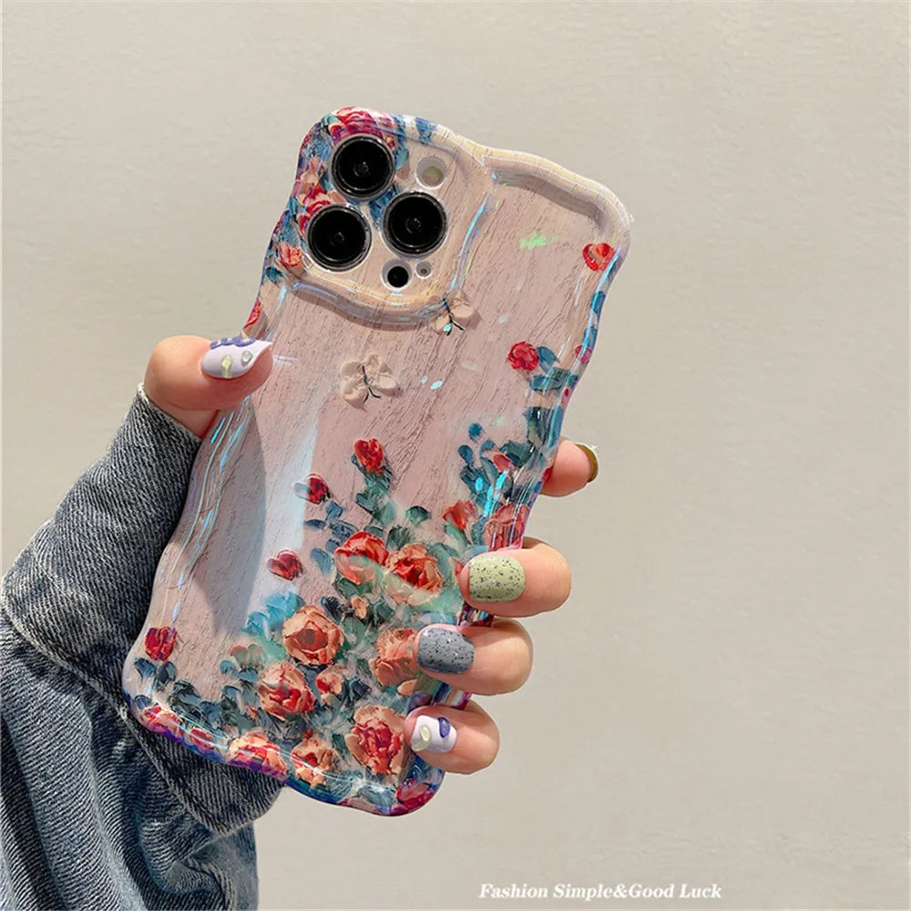 Ottwn Luxury Laser Oil Painting Flowers Phone Cases For iPhone 11 12 13 14 15 Pro Max Fashion Shockproof Soft Bumper Back Covers