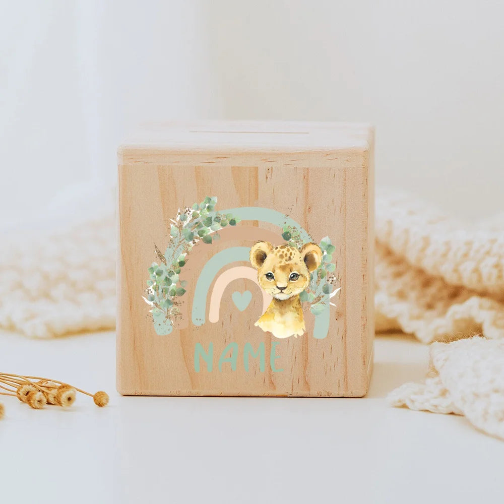 Personalised wooden Money Box Rainbow Safari Animals