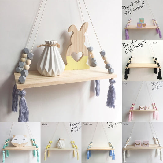 Nordic Style Colorful Beads Tassel Wooden Wall Shelf