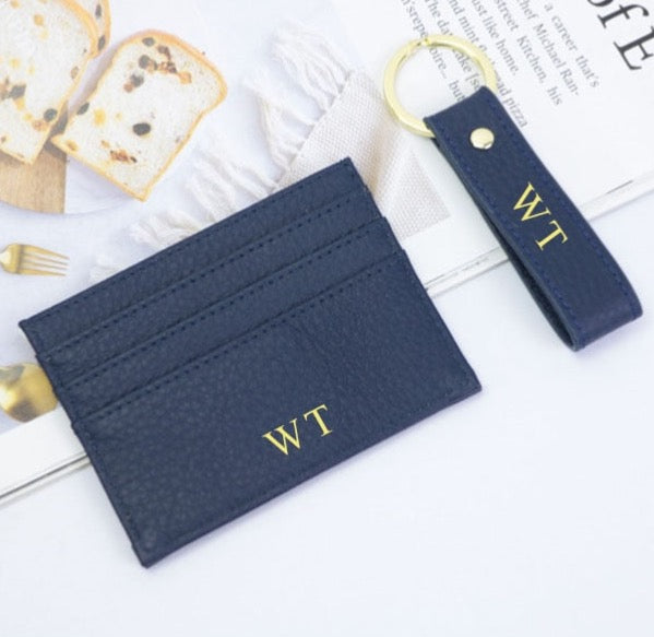 Initials Grain Leather Keychain Card Holder