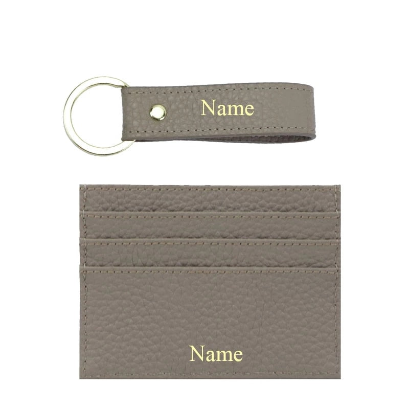 Initials Grain Leather Keychain Card Holder