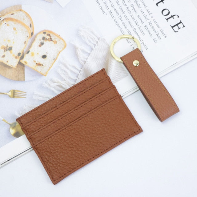 Initials Grain Leather Keychain Card Holder