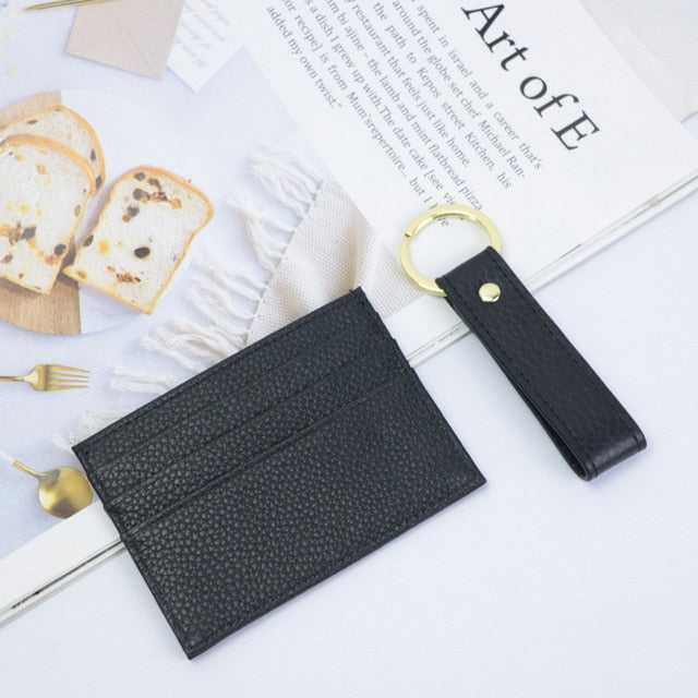 Initials Grain Leather Keychain Card Holder