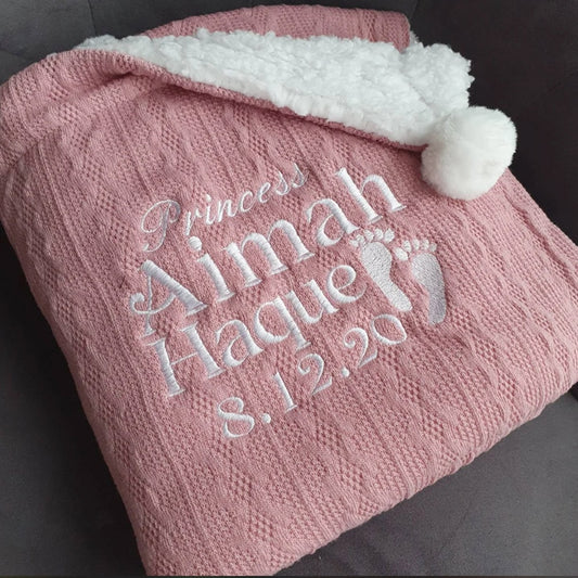 Personalised Baby/Toddler Cable Knit Blanket l Sherpa Fleece Backing