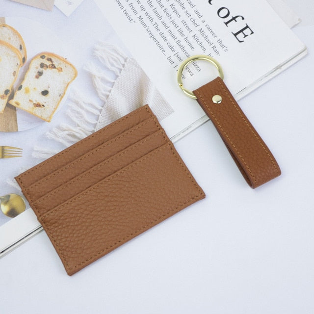 Initials Grain Leather Keychain Card Holder