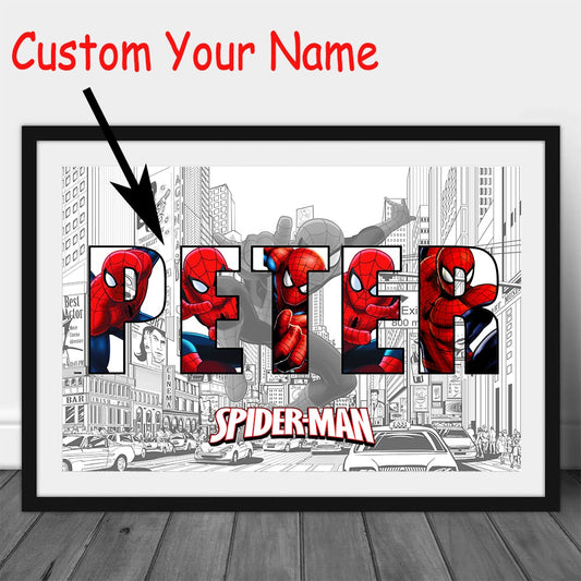 Kids Personalised Name Word Art Spiderman Character Poster