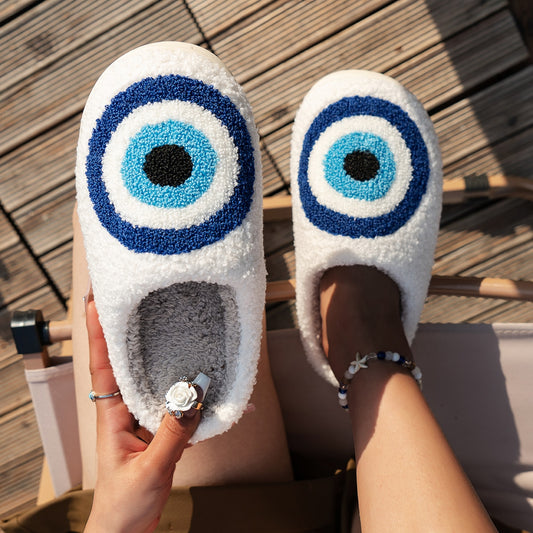 Blue Evil Eye Fluffy Fur Slippers