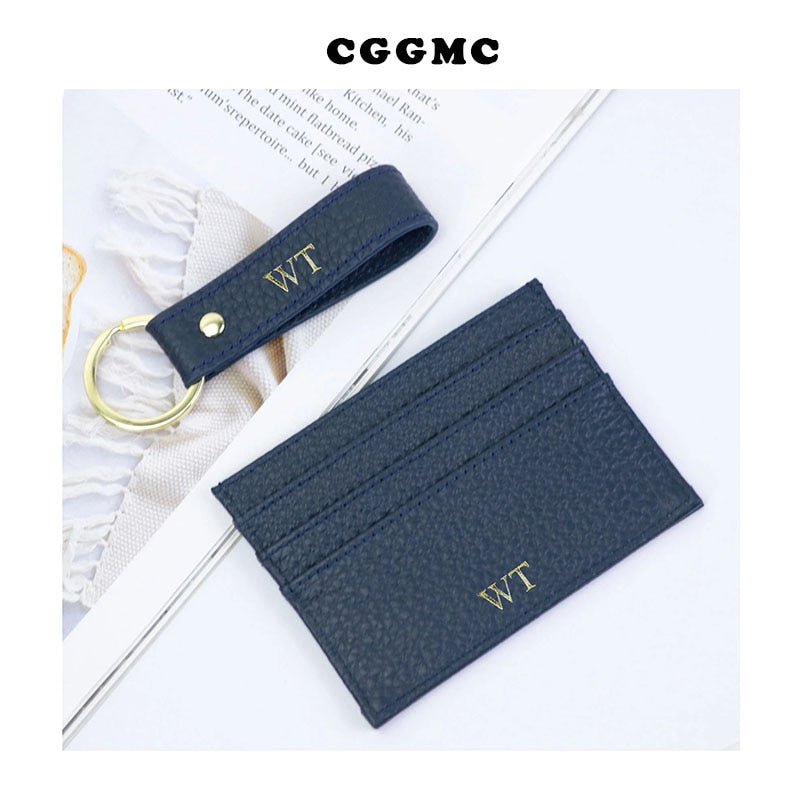 Initials Grain Leather Keychain Card Holder