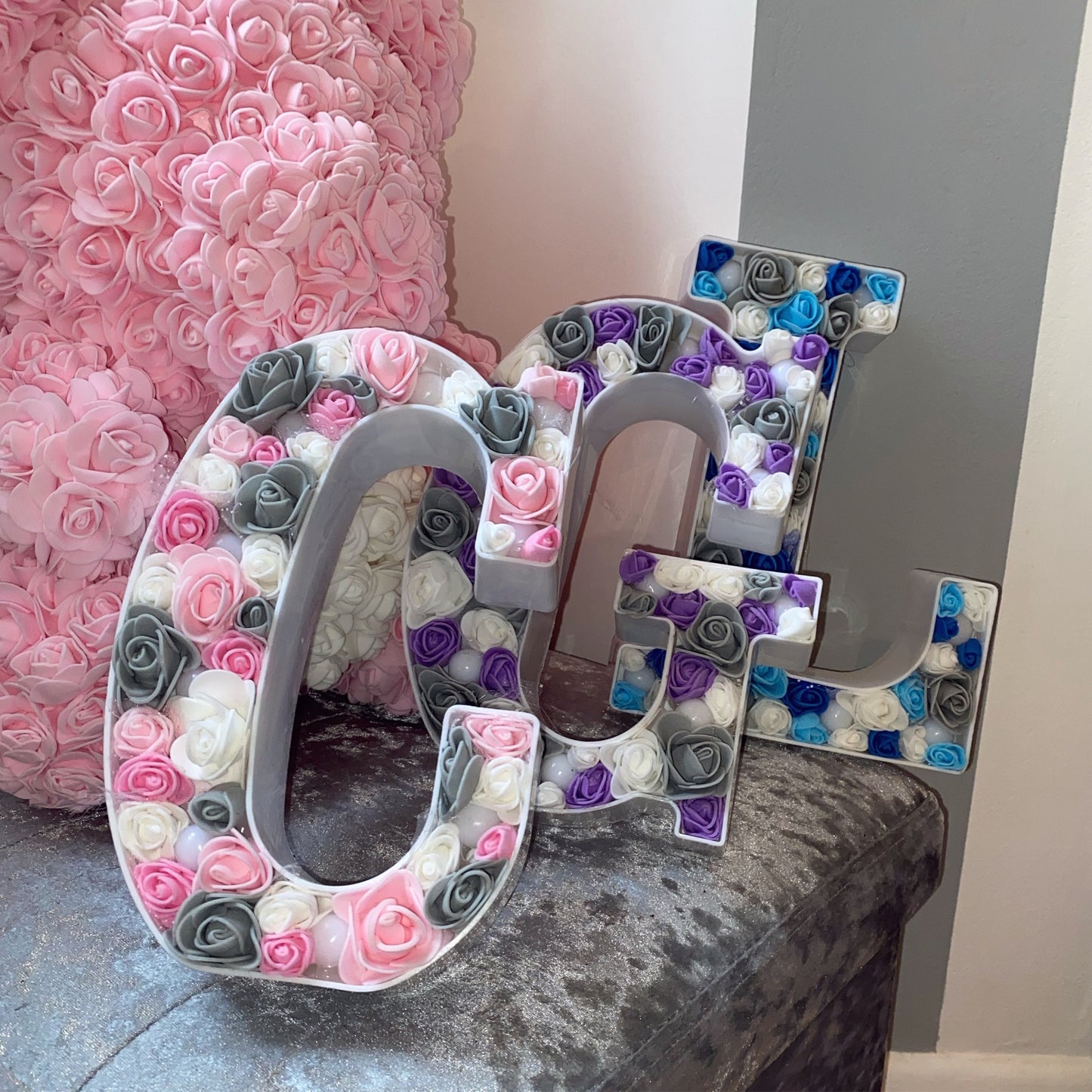 Purple and White Rose LED Letter Lights