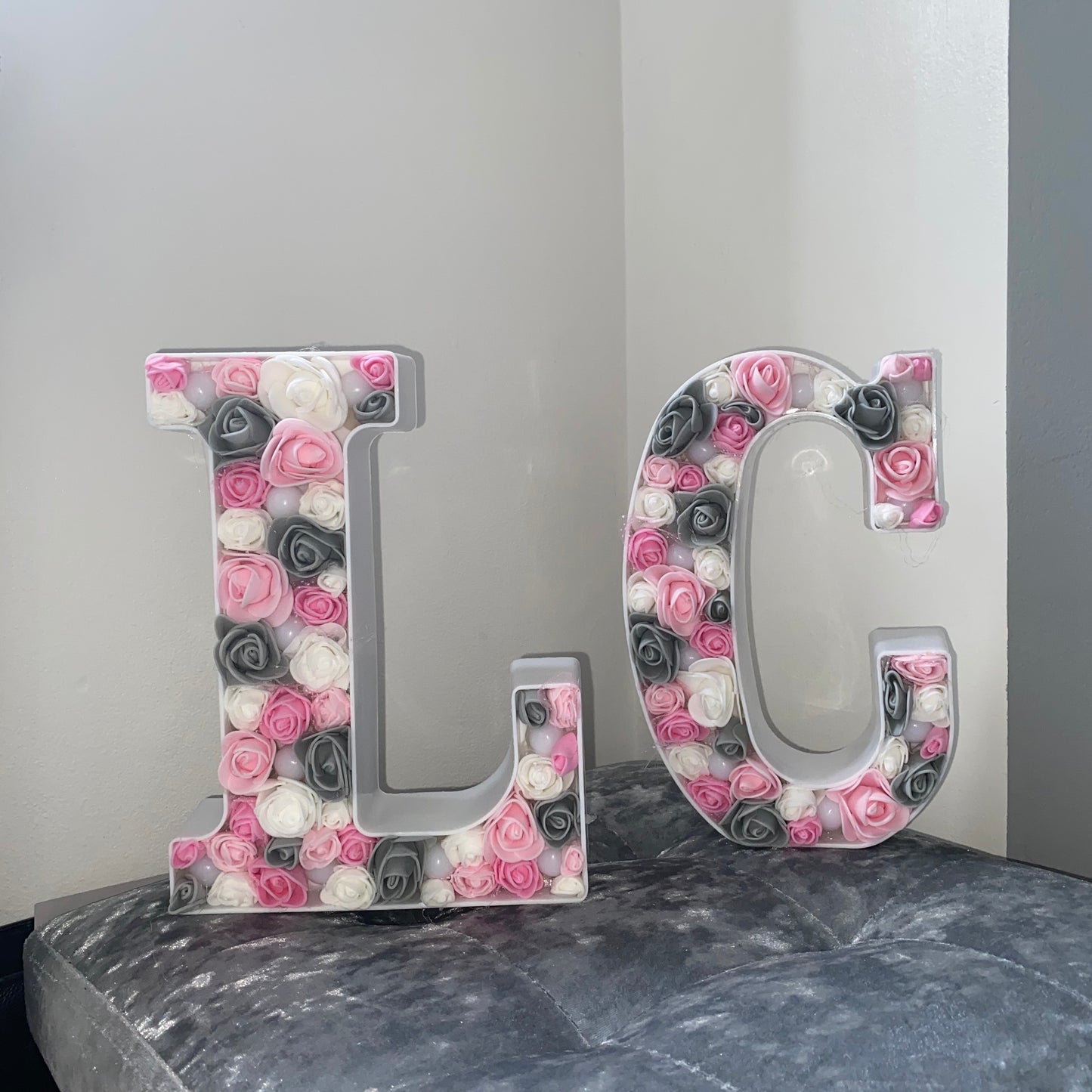 Pink , white and grey Roses LED Letter Lights